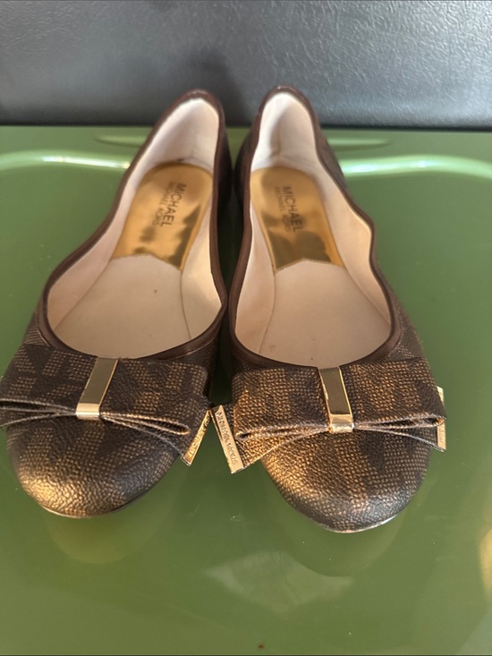 MICHAEL Michael Kors Shoes - MICHAEL Michael Kors Brown Logo-Print Bow Flats with Gold Accents